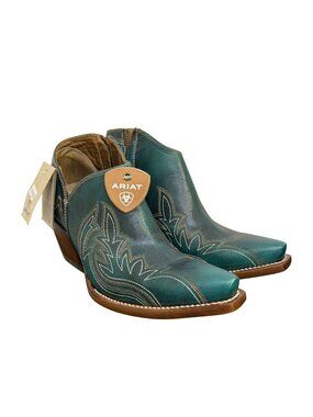 NWT Ariat Green Leather Western Ankle Boots With Embroidered Details Size 7.5